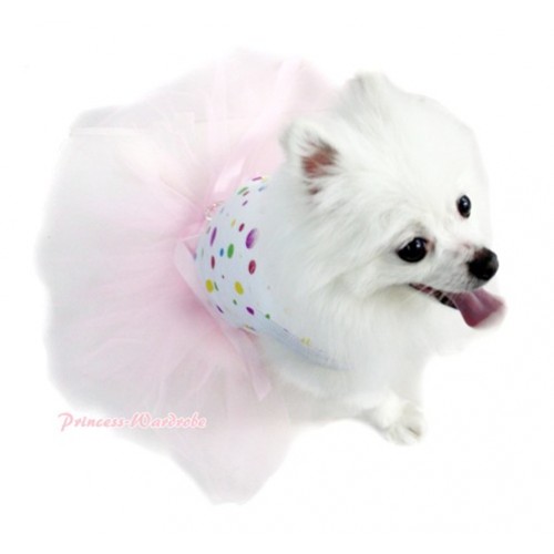 White Rainbow Dots Sleeveless Light Pink Gauze Skirt With Light Pink Rhinestone Bow Pet Dress DC030 